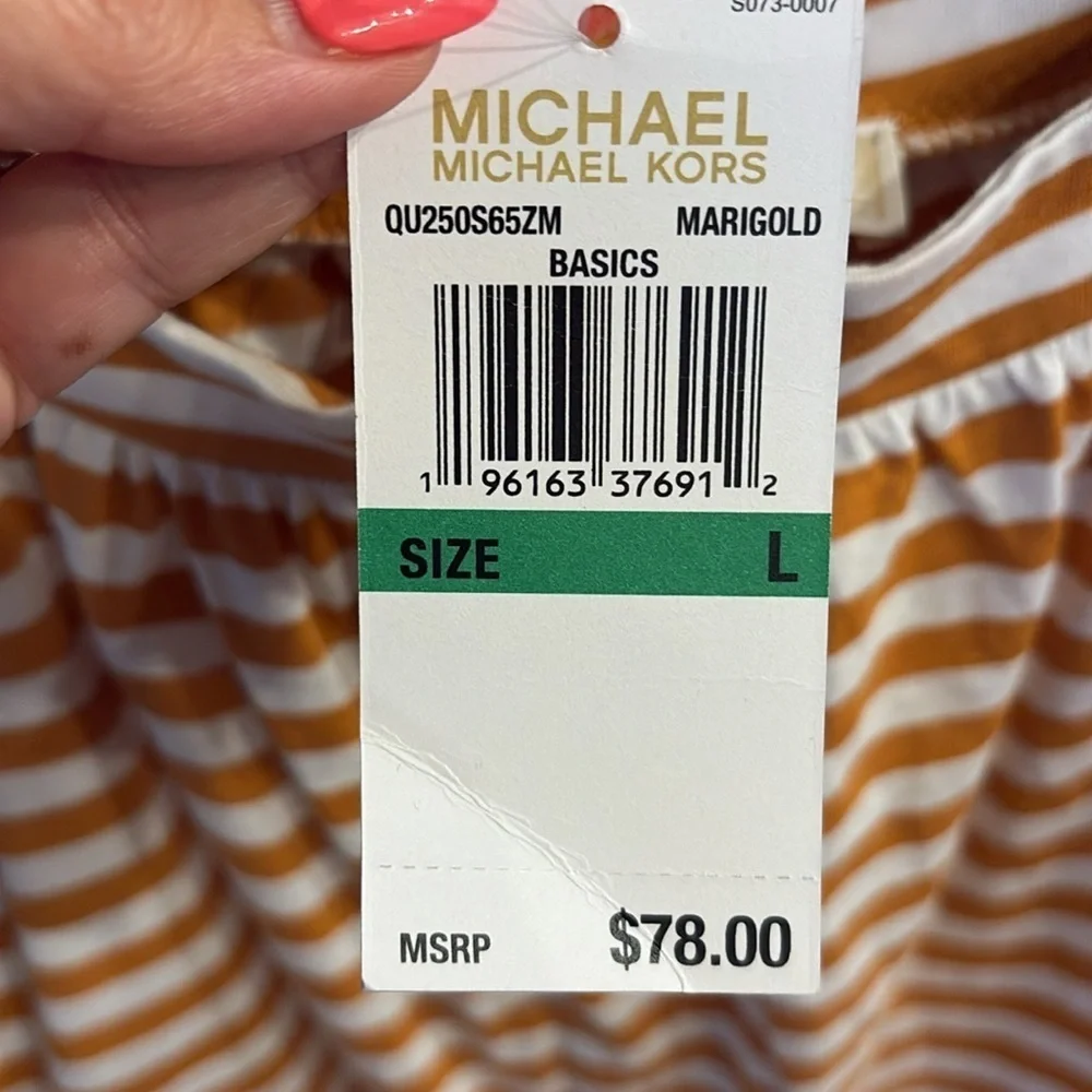 NWT Michael Kors yellow gold White Striped Tank Top cotton ruffle tank straps L